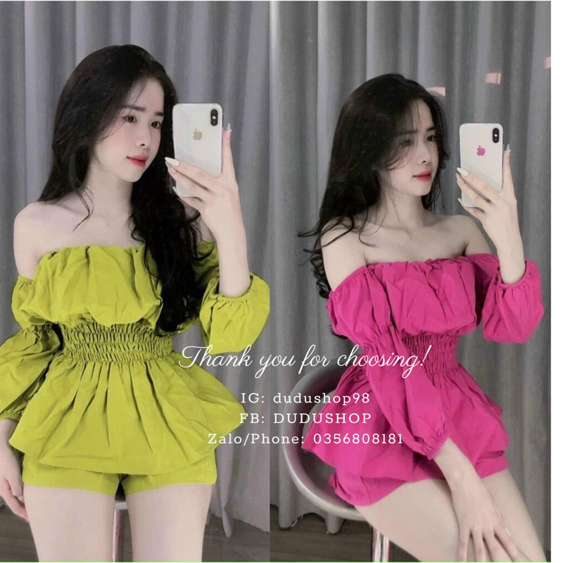 (Hỏa tốc) Set Áo Trễ Vai Thô Mềm Bèo Chun Eo Nhiều Màu Xinh Xắn Kèm Quần Sooc-dd33