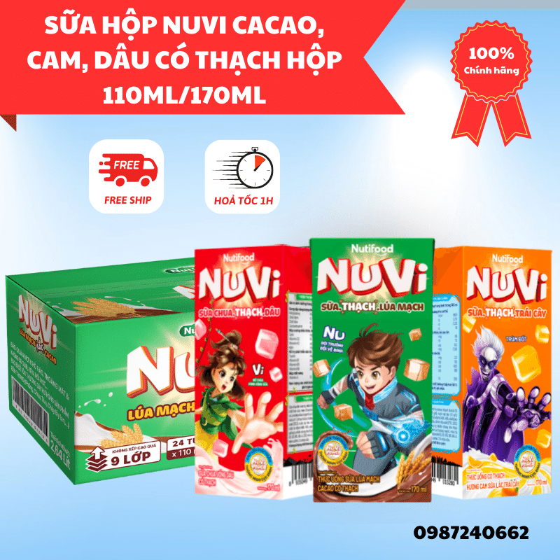 THÙNG 48 HỘP NuVi Cacao, cam, dâu Có Thạch Hộp 110ml/170ml