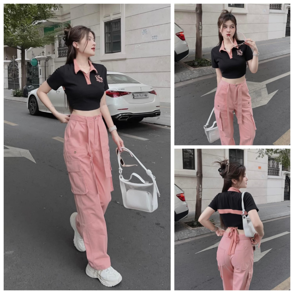 Set Bộ Đồ Nữ Áo Thun Croptop Cổ Sơ Mi Phối Viền Mix Quần Suông Túi Hộp Với Tone Màu Siêu Hot, Siêu Xinh