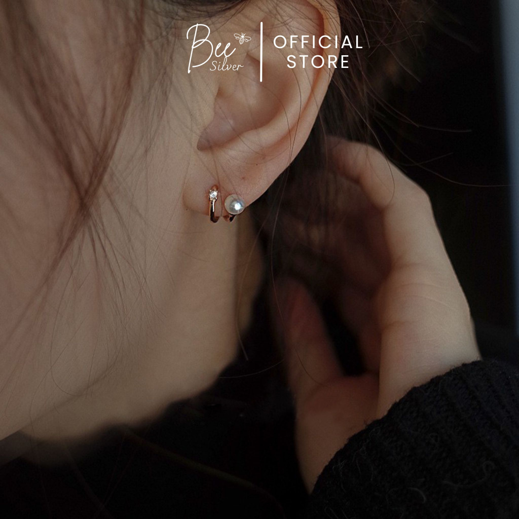 Khuyên tai bạc nữ Bee Silver dáng xoắn đính ngọc lấp lánh thanh lịch Sparkly Earing