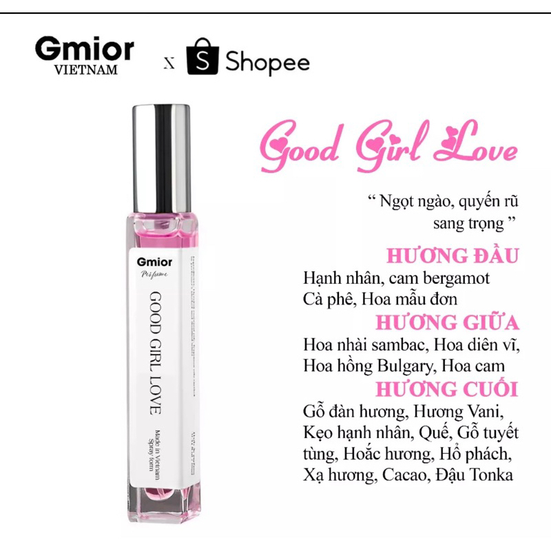 Nước Hoa Nữ Good Girl Love Dành Cho Phái Nữ Hương Thơm Nhẹ Nhàng Cuốn Hút Gợi Cảm, Dạng Xịt 10ml & 2ml Gmior Chính Hãng