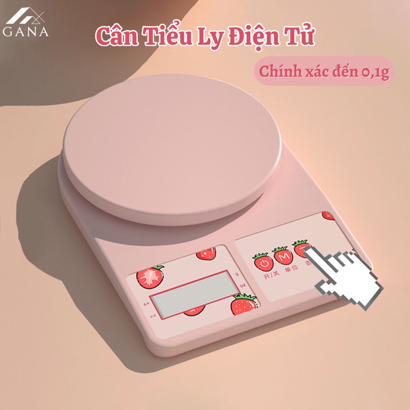 Cân tiểu ly mini màu hồng hình quả dâu độ chia 0,1g tối đa 10kg - cân nhà bếp
