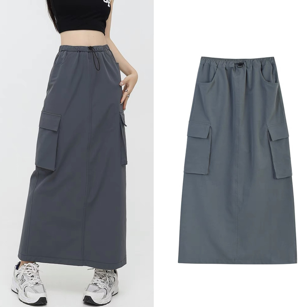 Chân váy kaki túi hộp dáng dài Y2K dây rút phong cách vintage