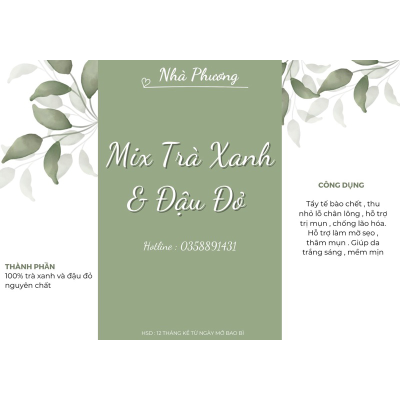 Bột mix trà xanh & đậu đỏ nguyên chất Organic gói 500g, 1kg