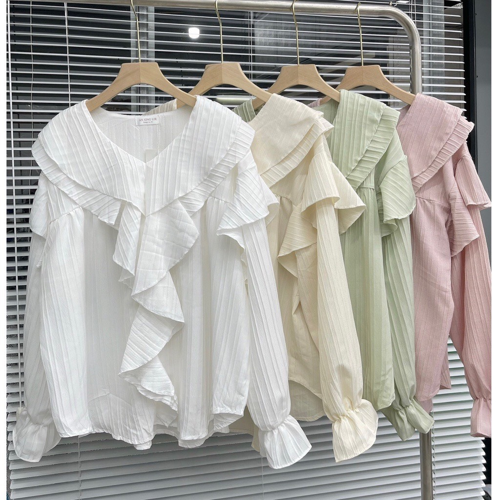 Áo sơ mi kiểu nữ chất đũi gân điệu đà,Áo sơmi bèo cổ tiểu thư bánh bèo tay bồng chất đũi gân SA89 HOASUMO