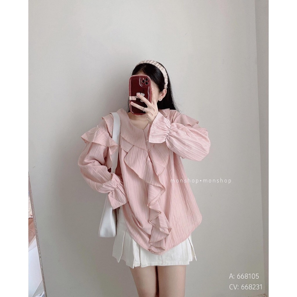 Áo sơ mi kiểu nữ chất đũi gân điệu đà,Áo sơmi bèo cổ tiểu thư bánh bèo tay bồng chất đũi gân SA89 HOASUMO