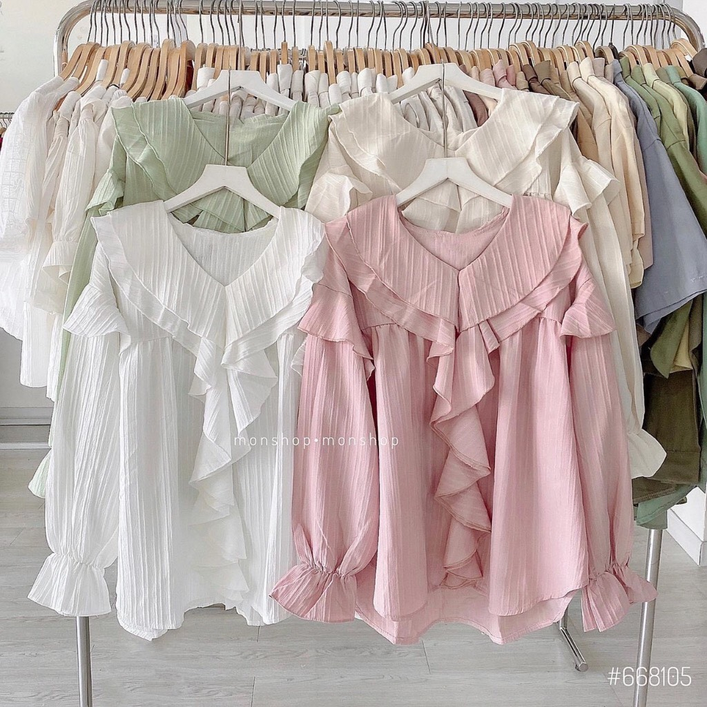 Áo sơ mi kiểu nữ chất đũi gân điệu đà,Áo sơmi bèo cổ tiểu thư bánh bèo tay bồng chất đũi gân SA89 HOASUMO