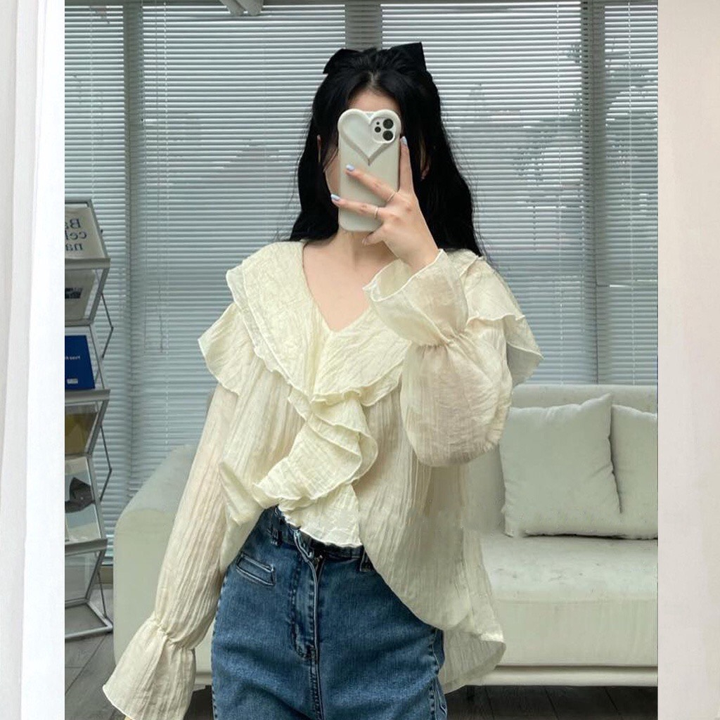 Áo sơ mi kiểu nữ chất đũi gân điệu đà,Áo sơmi bèo cổ tiểu thư bánh bèo tay bồng chất đũi gân SA89 HOASUMO