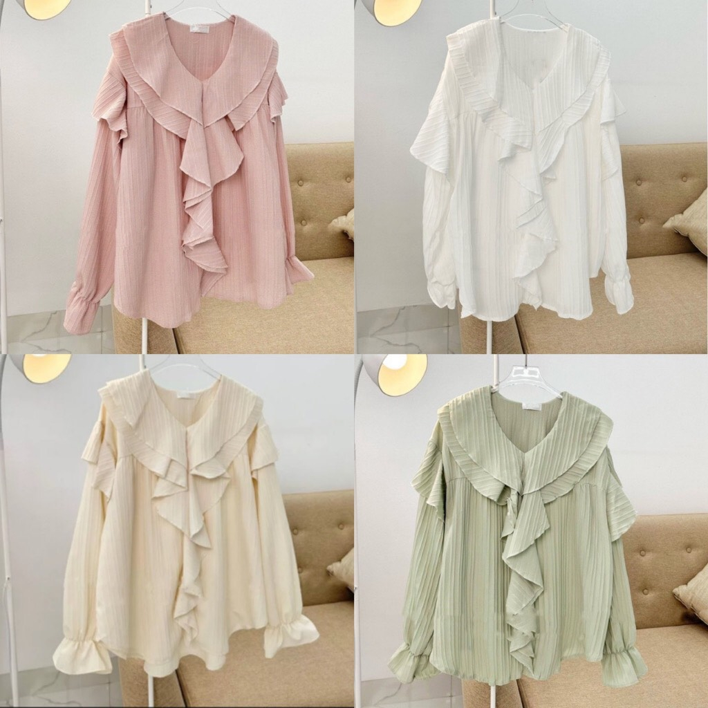 Áo sơ mi kiểu nữ chất đũi gân điệu đà,Áo sơmi bèo cổ tiểu thư bánh bèo tay bồng chất đũi gân SA89 HOASUMO