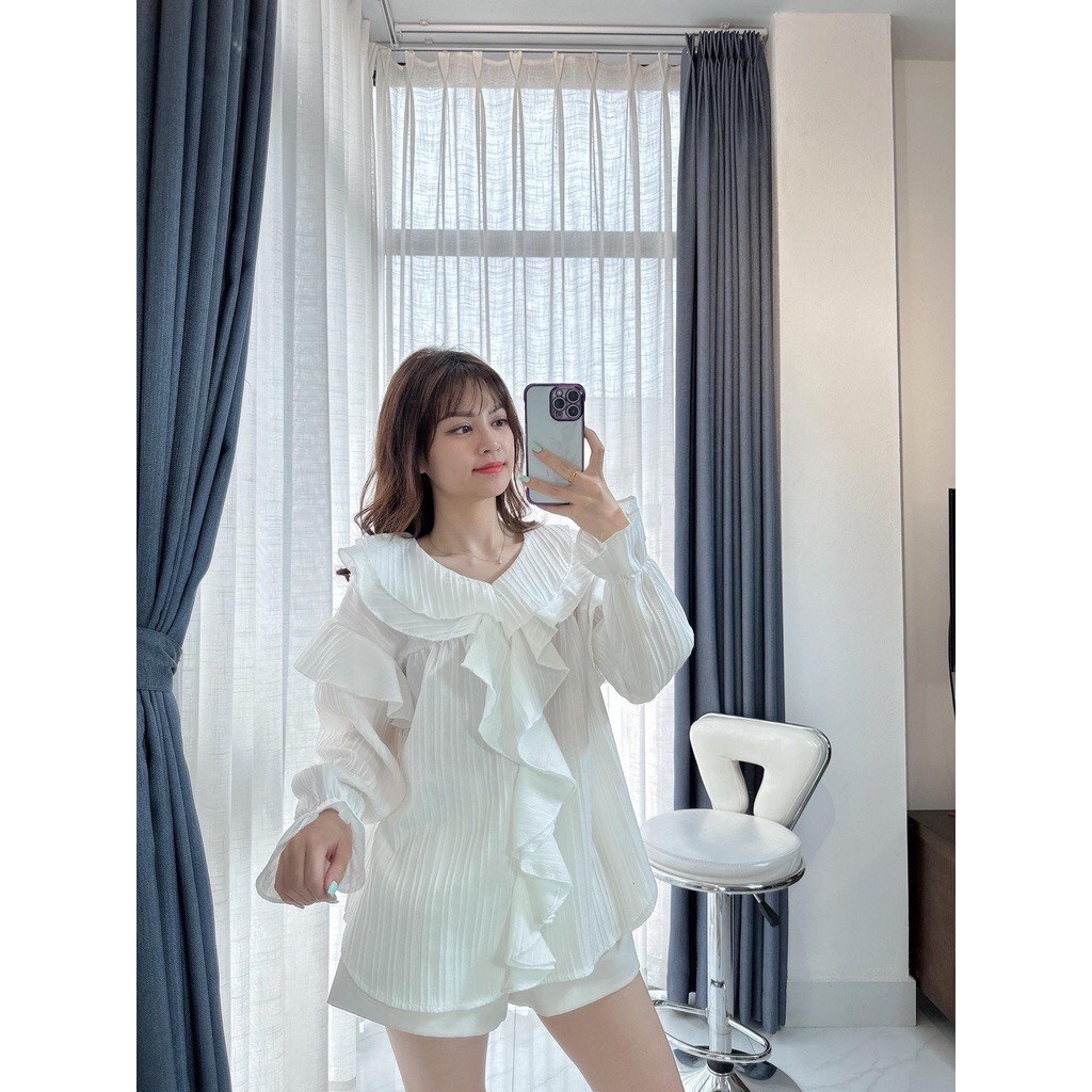 Áo sơ mi kiểu nữ chất đũi gân điệu đà,Áo sơmi bèo cổ tiểu thư bánh bèo tay bồng chất đũi gân SA89 HOASUMO