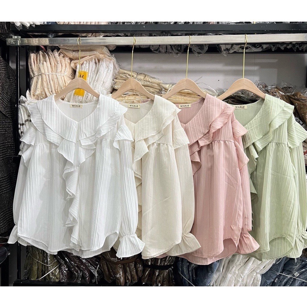 Áo sơ mi kiểu nữ chất đũi gân điệu đà,Áo sơmi bèo cổ tiểu thư bánh bèo tay bồng chất đũi gân SA89 HOASUMO