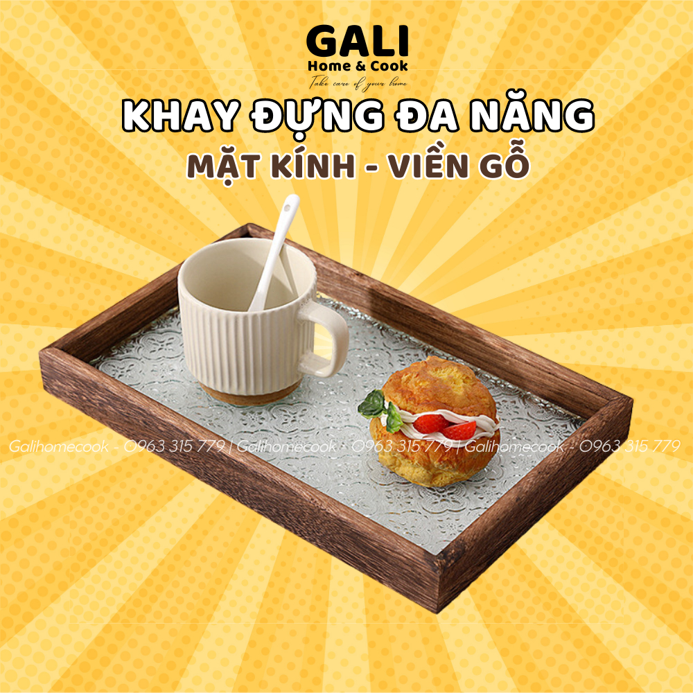 Khay đựng đa năng mặt kính viền gỗ, đựng cốc chén, để đồ mỹ phẩm, decor | Galihomecook