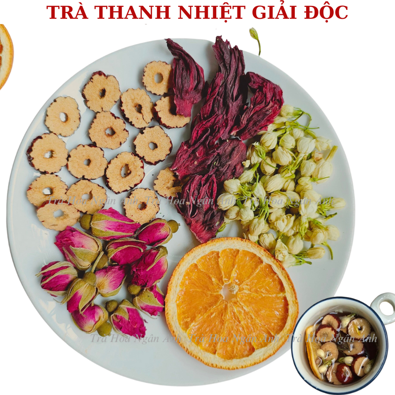 Trà thanh nhiệt giải độc, mát gan, đẹp da, trà thảo mộc táo đỏ, cam lát, atiso, hoa nhài, nụ hồng Trà Hoa Ngân Anh