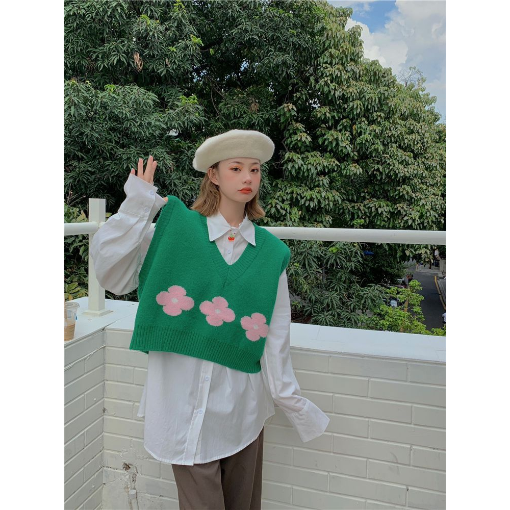 Áo gile len nữ croptop len xanh họa tiết hoa hàng Quảng Châu loại 1