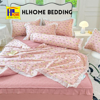 Bộ chăn ga cotton đũi bèo ngắn HLHOME hàng 5 món chần bông bọc đệm phẳng phiu, gọn gàng