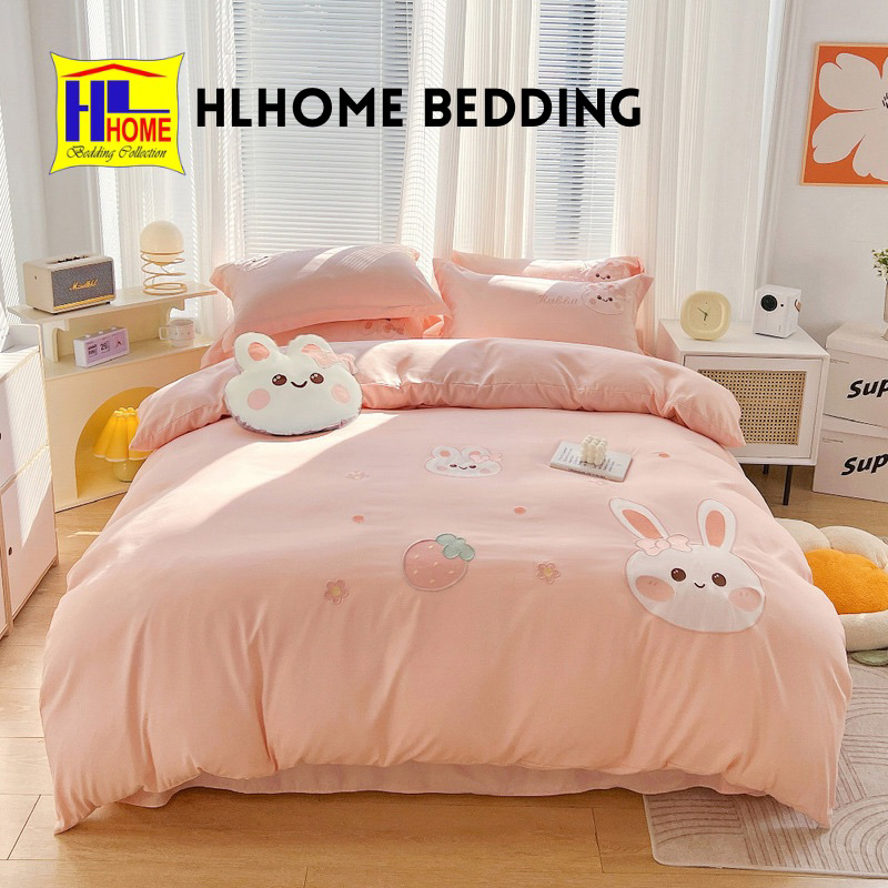 Bộ chăn ga Cotton đũi thỏ thêu HLHOME tặng kèm gối thỏ xinh dễ thương cho bé