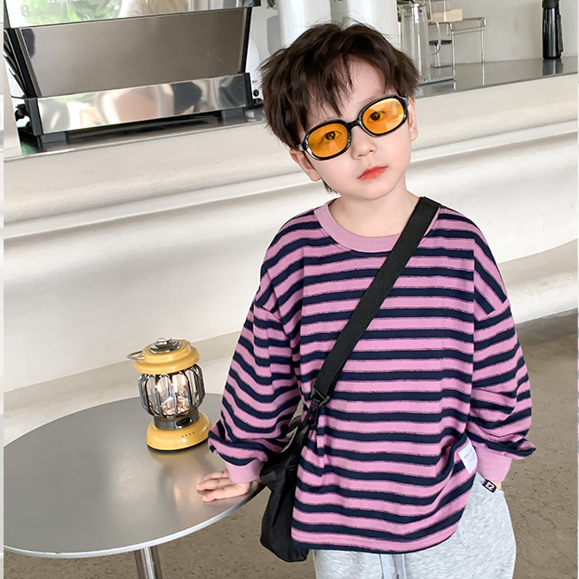 Áo thun dài tay cho bé trai AMBB KIDS kẻ sọc phong cách Hàn Quốc - Áo thun thu đông cổ tròn giữ ấm tốt