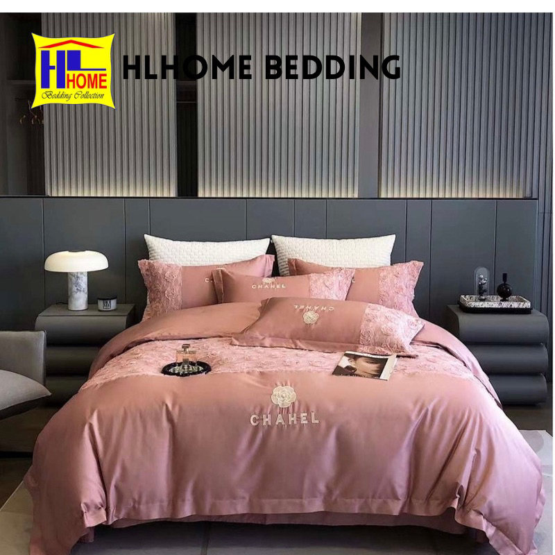 Bộ chăn ga lụa cha-n-e-l thêu hoa hồng cao cấp, sang trọng mùa cưới