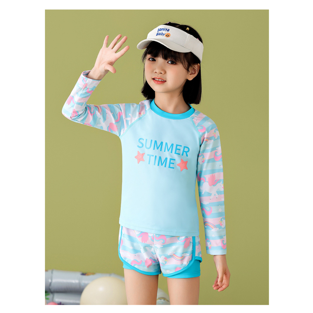 Đồ Bơi Bé Gái Dài Tay Quần Đùi -Đồ Bơi Dài Tay Trẻ Em Thương Hiệu YUKE Từ 12 - 38kg