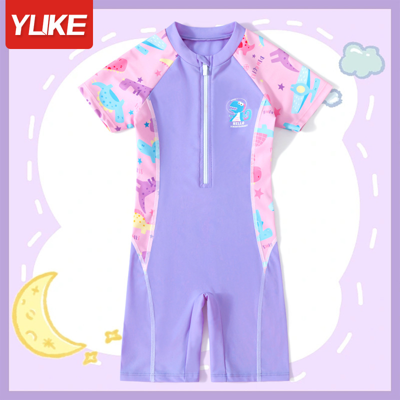 Đồ Bơi Bé Gái Một Mảnh Ngắn Tay Liền Quần Hoạ Tiết Khủng Long- Đồ Bơi Trẻ Em Liền Quần YUKE - Đồ Bơi Bé Gái 12kg - 35kg