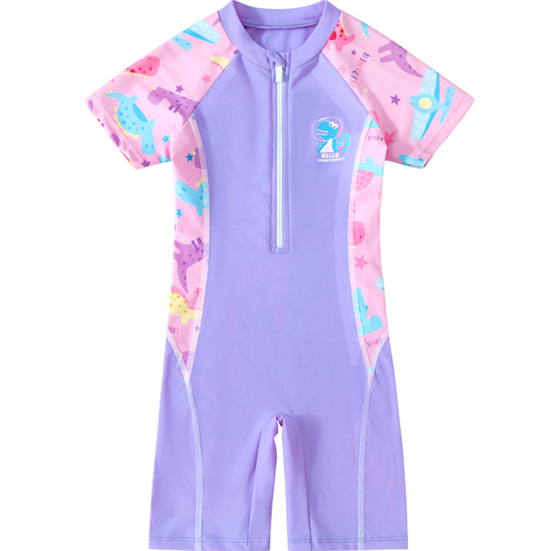 Đồ Bơi Bé Gái Một Mảnh Ngắn Tay Liền Quần Hoạ Tiết Khủng Long- Đồ Bơi Trẻ Em Liền Quần YUKE - Đồ Bơi Bé Gái 12kg - 35kg