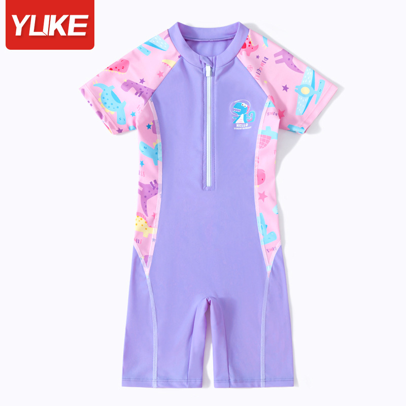 Đồ Bơi Bé Gái Một Mảnh Ngắn Tay Liền Quần Hoạ Tiết Khủng Long- Đồ Bơi Trẻ Em Liền Quần YUKE - Đồ Bơi Bé Gái 12kg - 35kg