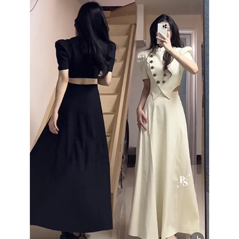 Set áo cổ tàu tay ngắn cách điệu vạt nhọn cúc đồng phối chân váy dáng dài sang chảnh tiệc cưới