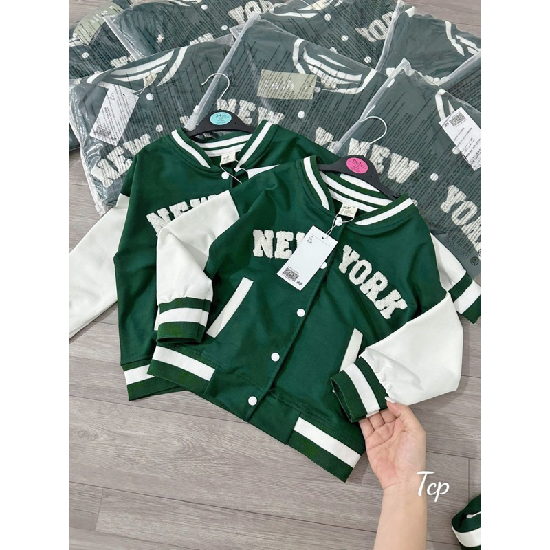 Áo bomber Newyork xanh bé trai bé gái chất da cá mỏng, khoác nhẹ mùa thu trẻ em phối màu xinh