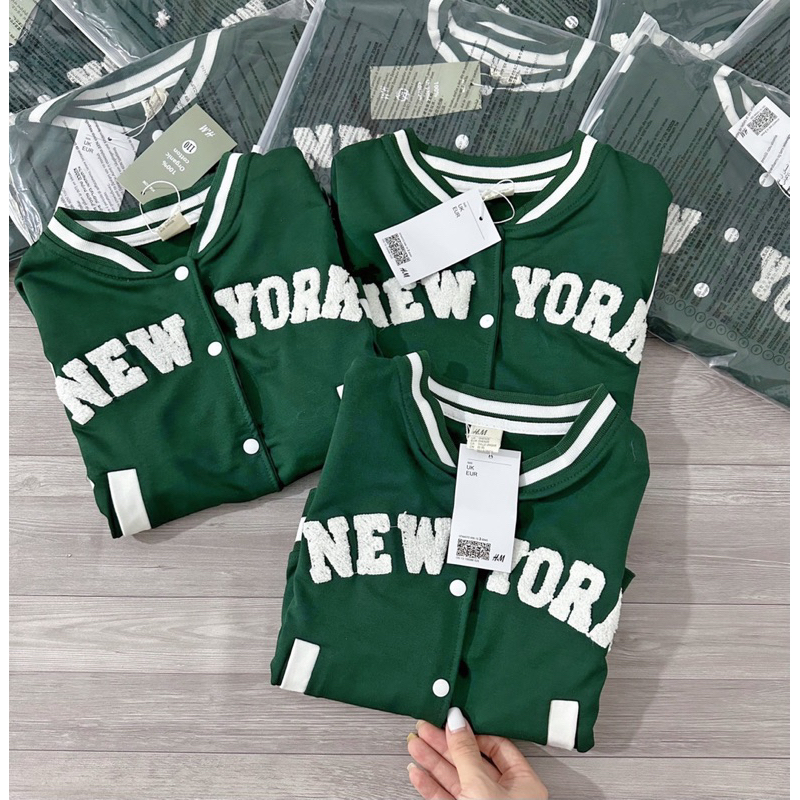 Áo bomber Newyork xanh bé trai bé gái chất da cá mỏng, khoác nhẹ mùa thu trẻ em phối màu xinh