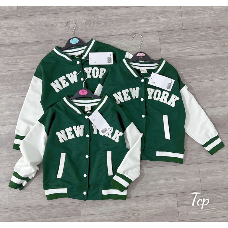 Áo bomber Newyork xanh bé trai bé gái chất da cá mỏng, khoác nhẹ mùa thu trẻ em phối màu xinh