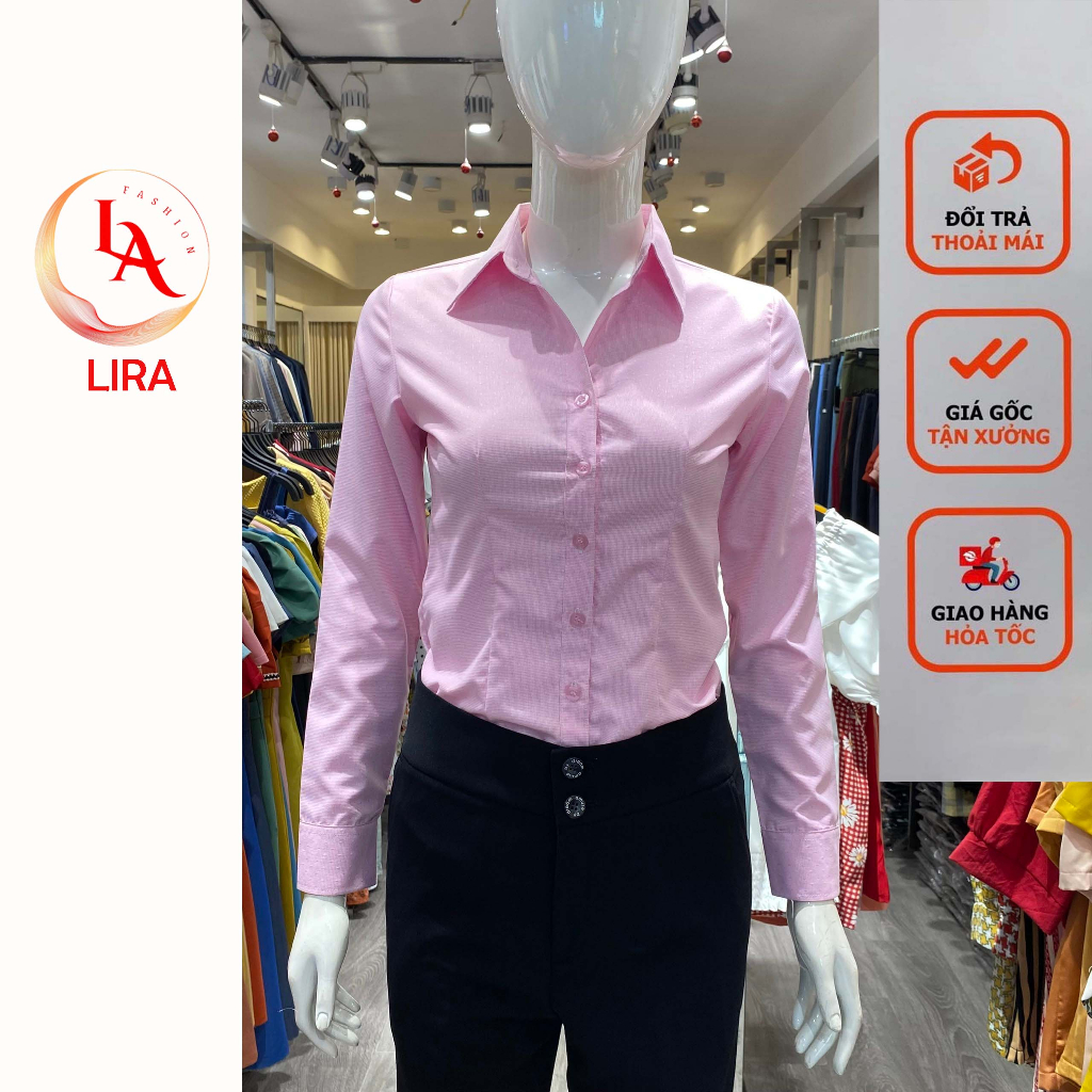 sơmi nữ công sở màu hồng hoạ tiết, áo sơ mi tay dài LIRA somi cao cấp vải kate nhật from ôm tôn dáng phong cách hàn quốc
