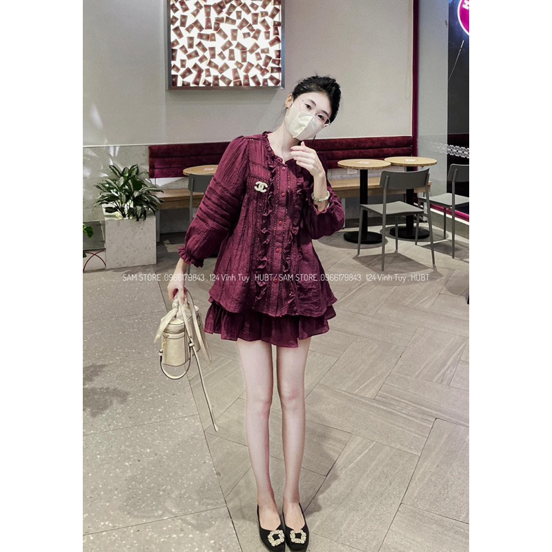 Set Baby Doll Ren Dài Tay Tặng Kèm Chân Váy Nhiều Tầng Có Lớp Lót