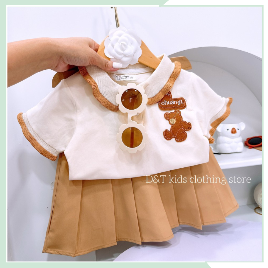 Bộ đồ bé gái, sét áo polo họa tiết gấu mix chân váy xếp ly cho bé đi học, đi chơi BBG95