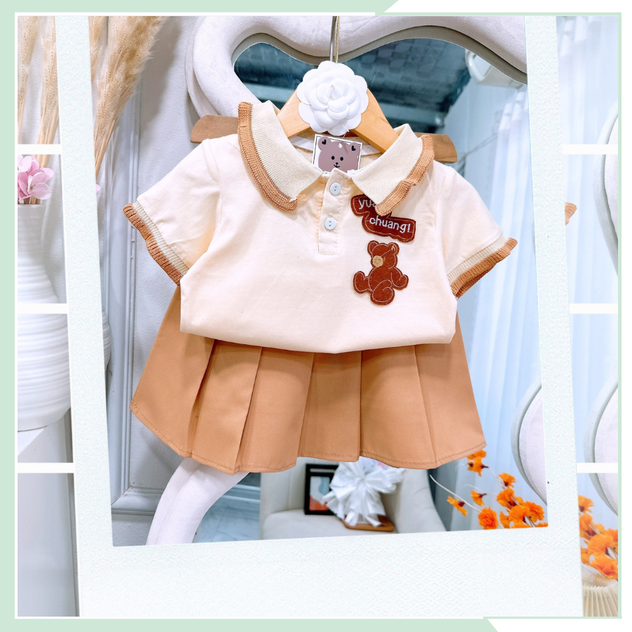 Bộ đồ bé gái, sét áo polo họa tiết gấu mix chân váy xếp ly cho bé đi học, đi chơi BBG95