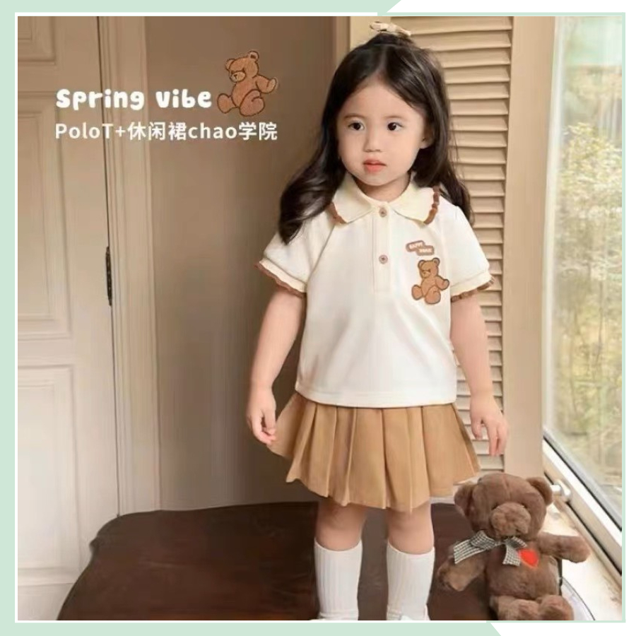 Bộ đồ bé gái, sét áo polo họa tiết gấu mix chân váy xếp ly cho bé đi học, đi chơi BBG95