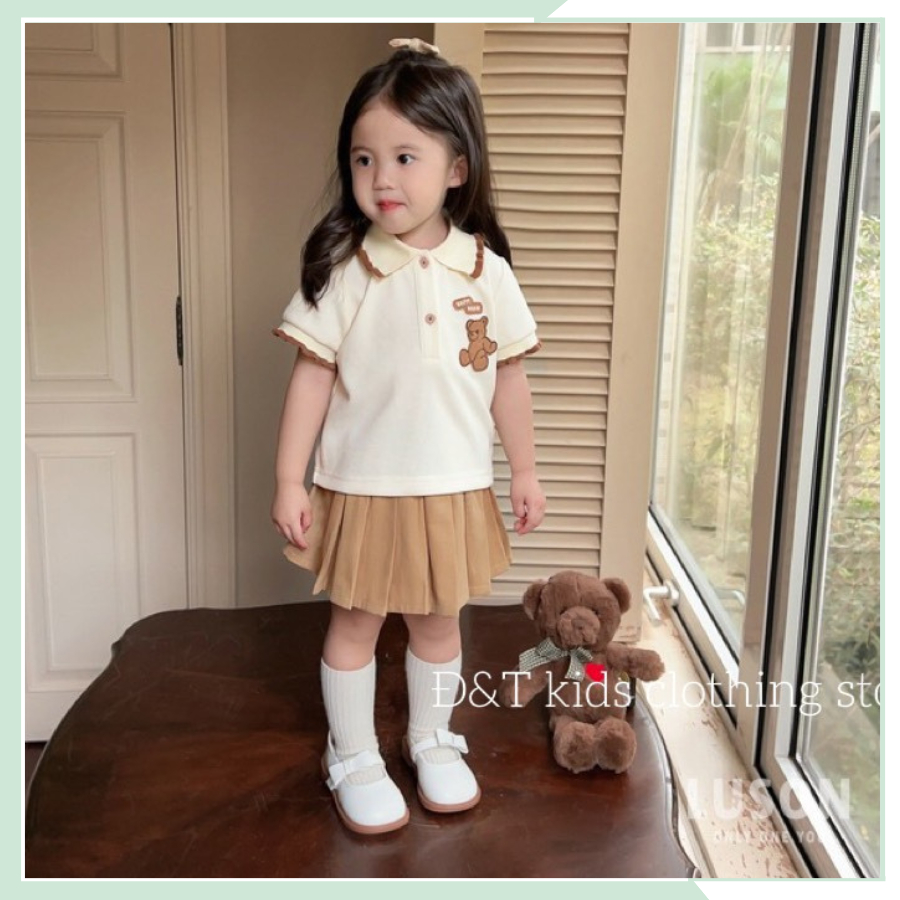 Bộ đồ bé gái, sét áo polo họa tiết gấu mix chân váy xếp ly cho bé đi học, đi chơi BBG95