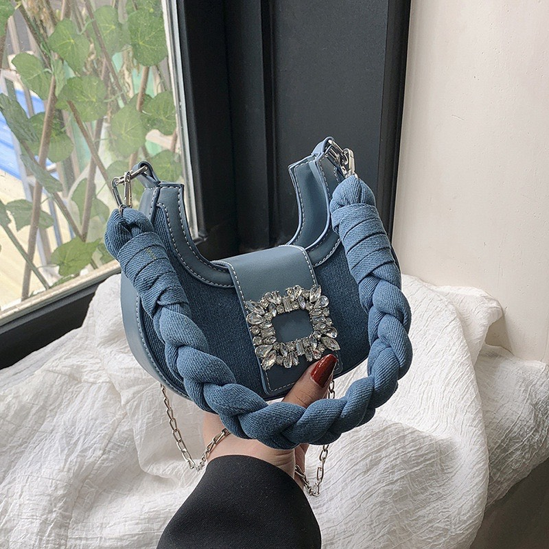 Túi xách nữ đeo vai,đeo chéo khóa đá vuông chất liệu denim quai bện vai