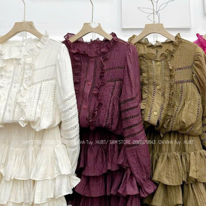 Set Baby Doll Ren Dài Tay Tặng Kèm Chân Váy Nhiều Tầng Có Lớp Lót