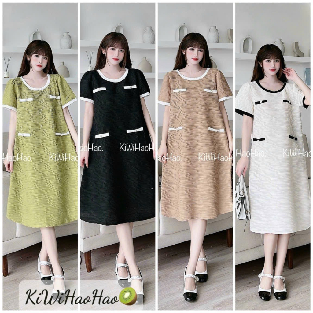 Váy bầu thiết kế , đầm bầu xinh vân sóng dáng suông mix nơ đính ngọc cao cấp 4 màu cực xinh