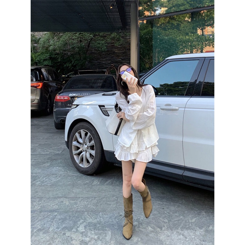 Set áo trắng dài tay thắt eo + váy xoè phối ren thêu cao cấp NEW