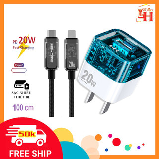 Bộ củ cáp sạc nhanh 20w trong suốt wk wp-u149-181-193 chân cắm usb và type-c cáp dây dù cho mọi điện thoaị bh 12 tháng