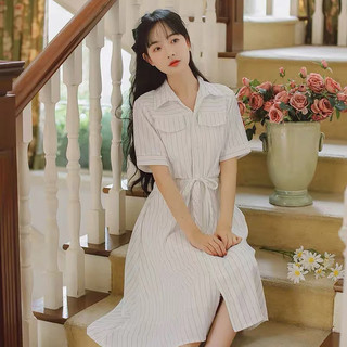 Đầm sơ mi sọc trắng thun eo
