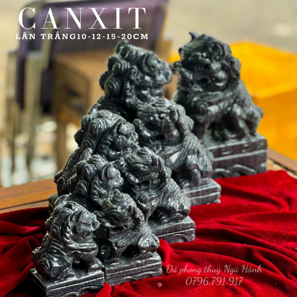 Cặp lân đá, sư tư trắng & đen xám đá Canxit tự nhiên 100% - Cao 10cm - 20cm