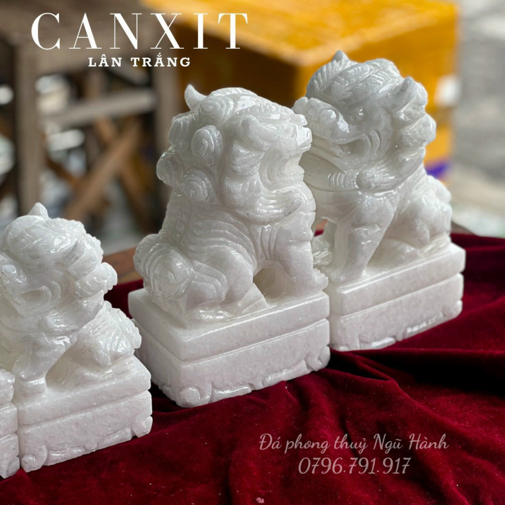 Cặp lân đá, sư tư trắng & đen xám đá Canxit tự nhiên 100% - Cao 10cm - 20cm