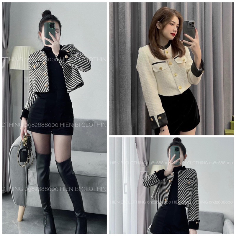 Áo dạ Tweed cổ tàu tay lật nhung có độn vai siêu xinh