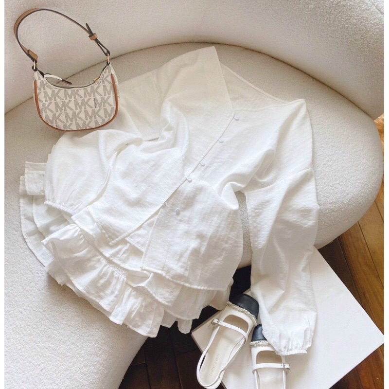 Set áo trắng dài tay thắt eo + váy xoè phối ren thêu cao cấp NEW