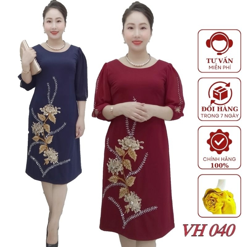 váy đầm trung niên cho mẹ VH040 Đính bông ,kết kim sa sang chảnh lịch sự ,quý phái