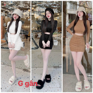set áo croptop tay dài kèm váy ngắn ôm thun gân mềm