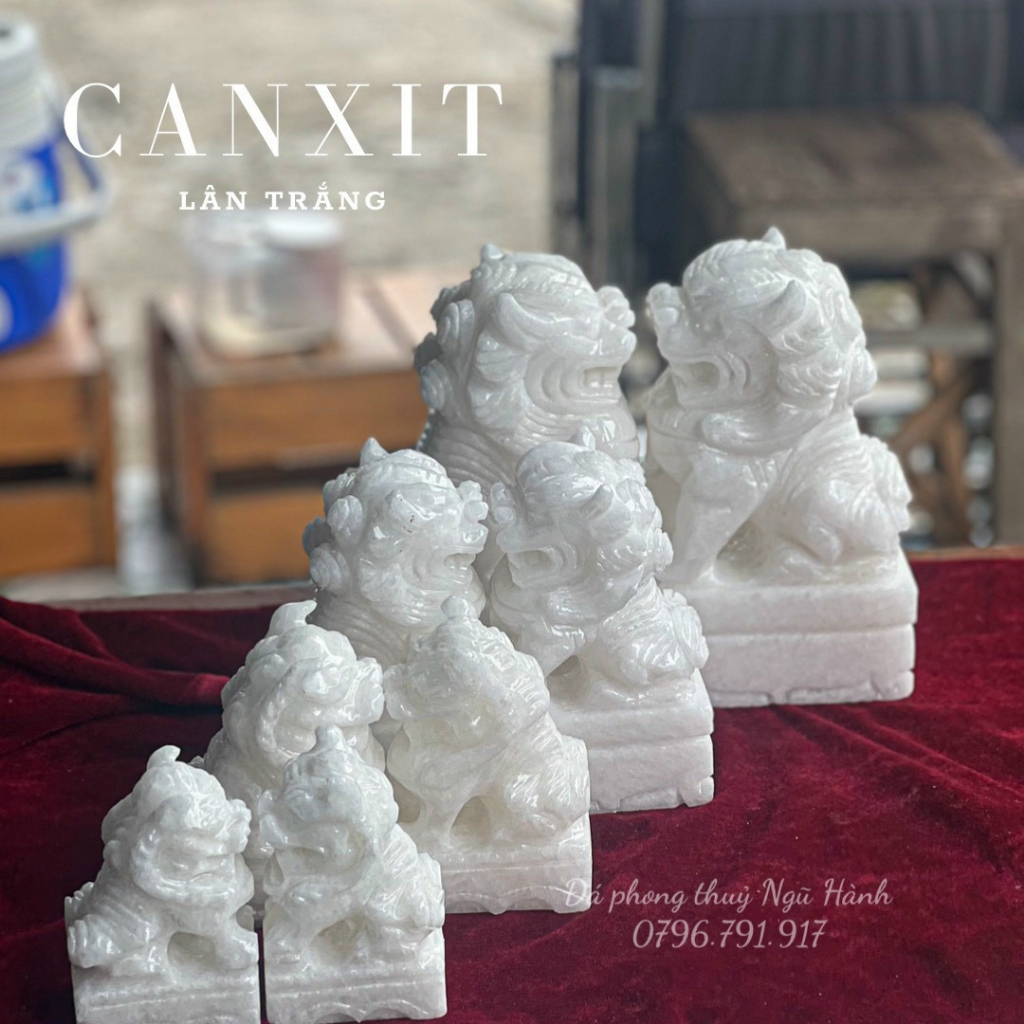 Cặp lân đá, sư tư trắng & đen xám đá Canxit tự nhiên 100% - Cao 10cm - 20cm