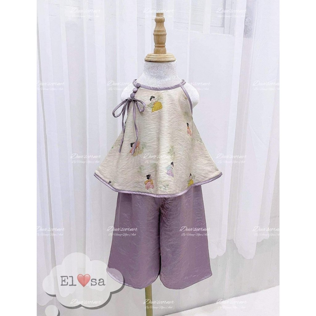 Quần áo bé gái- Set Yếm Tím Pastel Cúc Bọc Siêu Xinh Cho Bé 1-8 Tuổi